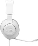 Witte gaming koptelefoon met JBL logo op de oorschelp en een microfoon.