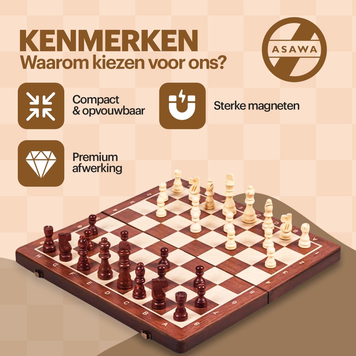 Asawa Schaakbord - Schaakspel XL met Schaakstukken - Chess - Magnetisch - Schaakset voor Schaken - 39x39cm - 2 Extra Koninginnen — afbeelding 10