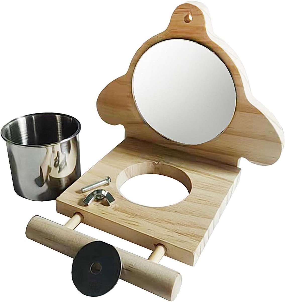 Vogelkooi standaard van hout - baars voor parkieten en papegaaien met watertoevoer - klimstang met spiegel en kopjes .