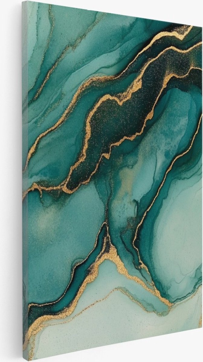 Saammp Canvas Schilderij - turqoise - Goud - marmer - Zwart - Abstracte wanddecoratie- 100x150 - Foto op canvas - Wanddecoratie - Muurdecoratie Woonkamer - Kantoor Decoratie Multicolor