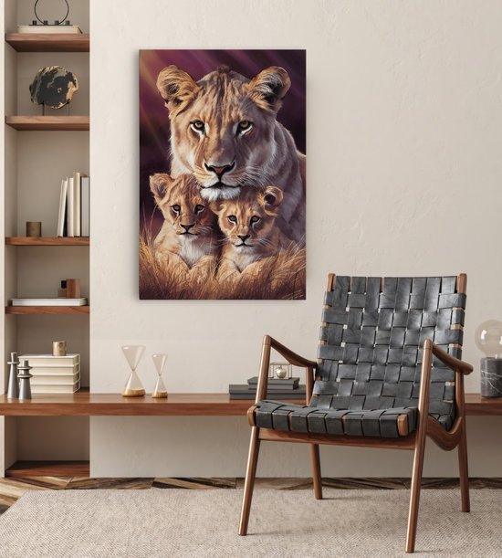 Tableau sur toile Saammp - Lion avec 2 petits - Abstrait - Animaux - 60x90 - Photo sur toile - Décoration murale - Décoration murale Salon - Décoration chambre - Impression sur toile