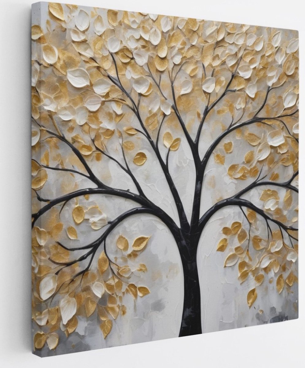 Saammp Canvas Schilderij - Winterboom met goud - Abstract - 40x40 - Foto op canvas - Wanddecoratie - Muurdecoratie Woonkamer - Slaapkamer decoratie - Canvas Print Multicolor