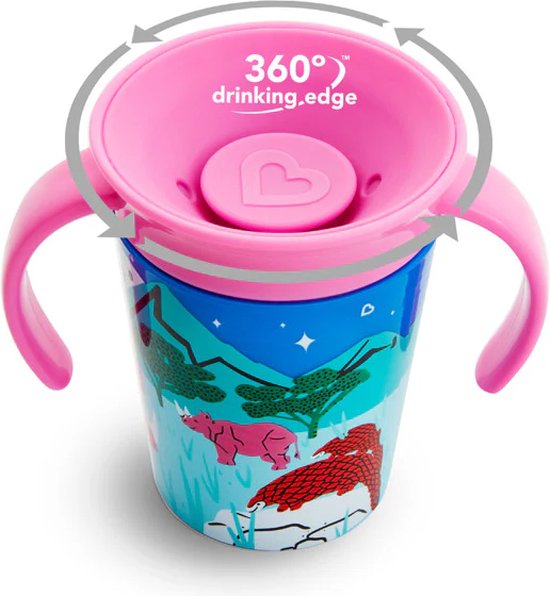 Munchkin Miracle Drinking Cup - WildLove Trainer cup - Gobelet anti-fuite 360° - Lot de 2 - Gobelet d'apprentissage pour Bébé et enfant - 177 ml - Tigre et Rhinocéros - Oranje/Rose