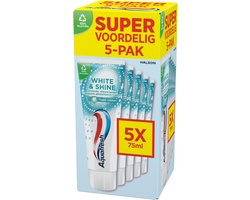 Aquafresh White & Shine - Tandpasta - Whitening - Langdurig Frisse Adem - Sterke Tanden & Gezond Tandvlees - Glanseffect in 7 Dagen - Bevat Fluoride - Frisse Smaak - Voordeelverpakking 5 x 75ml