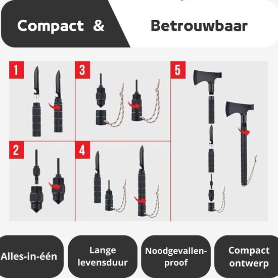 Overlevingspakket - Survival Bijl - 11-in-1 Multitool Bijl - Outdoor bijl met 11 Functies - Bijl, Vuursteen, Mes, Wetsteen, Zaag, Hamer en Nog Veel Meer - Ideaal Overlevingsgereedschap - Zwart — afbeelding 4