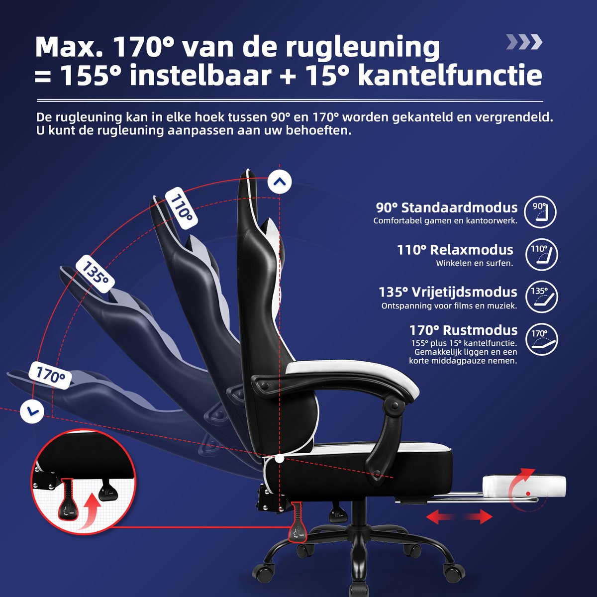 Afbeelding 2 van Hiaonyx Gaming Stoel - 170° Verstelbare Rugleuning - Gaming Stoel met inklapbare Voetsteun - racerstijl - Geïntegreerde Armleuningen - Maximale Belastbaarheid 150kg - Wit