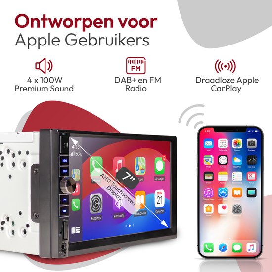 7-inch autoradio met Apple CarPlay, getoond met een iPhone met CarPlay.
