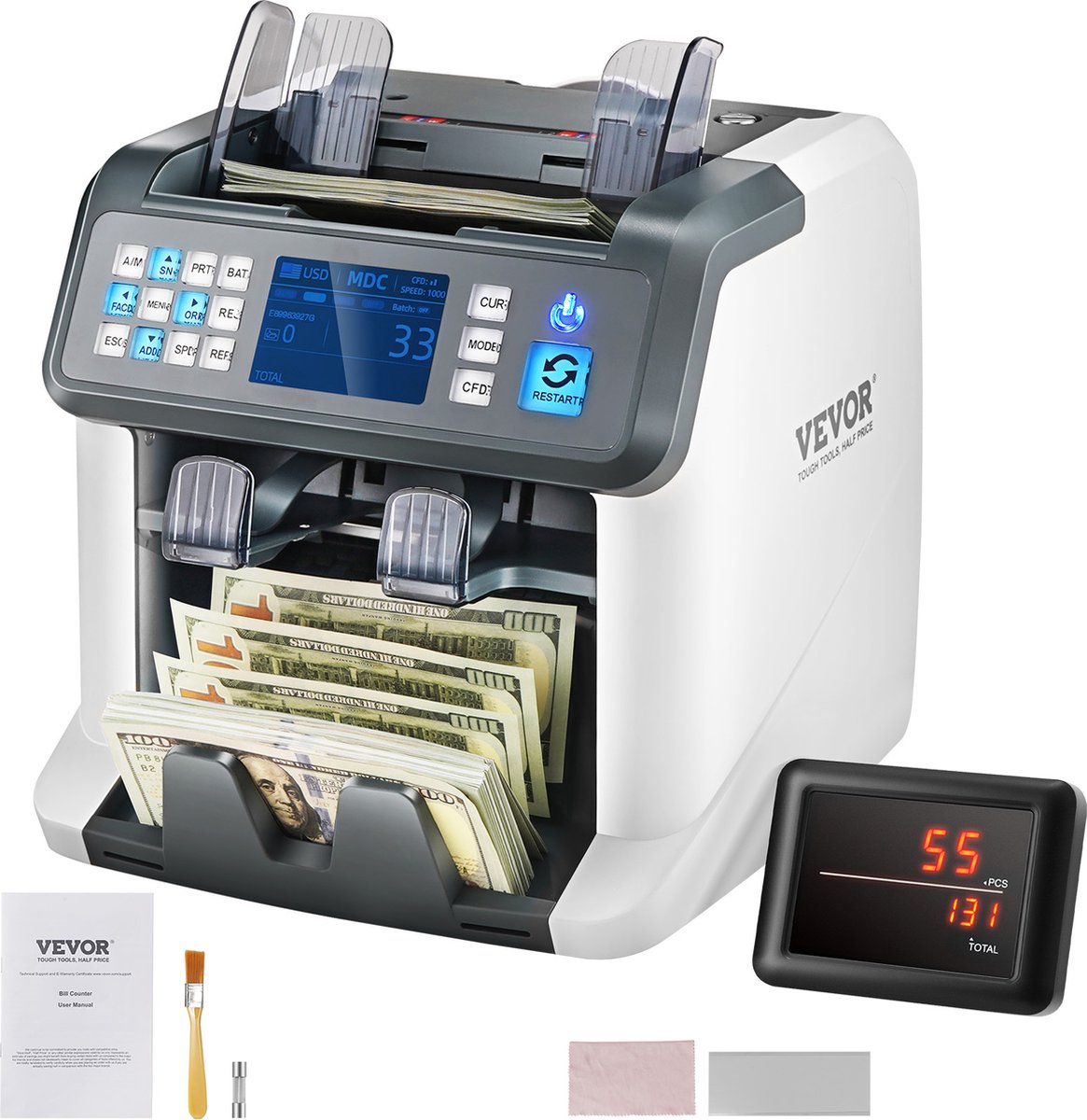 VEVOR Geldtelmachine, Bankbiljettenteller met Gemengde Denominatie, 2CIS, SN, UV, IR, MG, DD Valsgelddetectie, Meerdere Valuta's, Waardetel- en Sorteerapparaat, Printer Geactiveerd