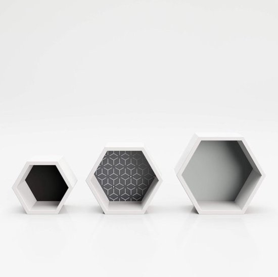 Ensemble de 3 étagères murales de forme hexagonale blanches avec paroi arrière colorée - étagère décorative étagère flottante hexagonale - étagère de collection