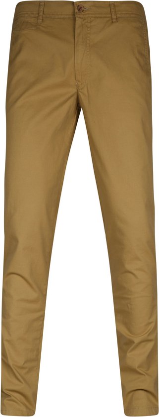 Bruine chino broek met knoopsluiting en riemlussen. De broek heeft een normale pasvorm.