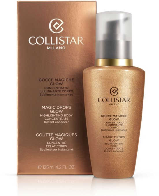 Collistar flacon met pompdispenser en verpakking. Koperkleurig met glitters, tekst "Magic Drops Glow Highlighting Body Concentrate".