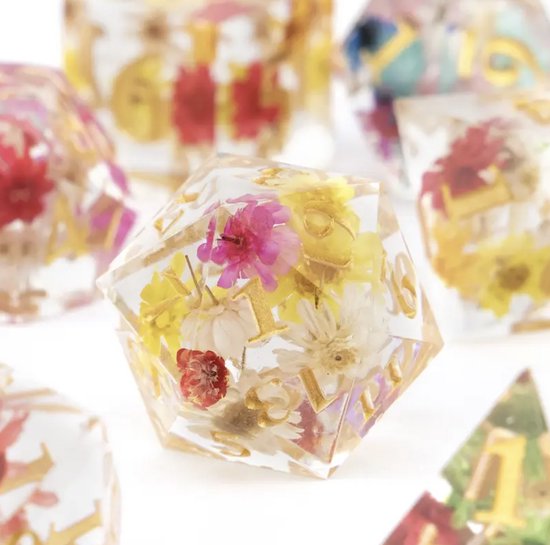 Ensemble de dés Joya Kids® Dungeons and Dragons | Set de Dés DnD Polydice | Ensemble de dés D&D | Ensemble de 7 pièces en résine | Coffre de rangement de Luxe inclus | Transparent avec des Fleurs colorées