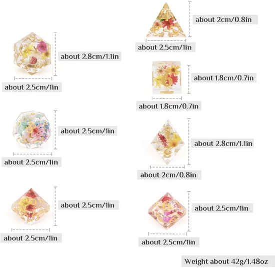 Ensemble de dés Joya Kids® Dungeons and Dragons | Set de Dés DnD Polydice | Ensemble de dés D&D | Ensemble de 7 pièces en résine | Coffre de rangement de Luxe inclus | Transparent avec des Fleurs colorées