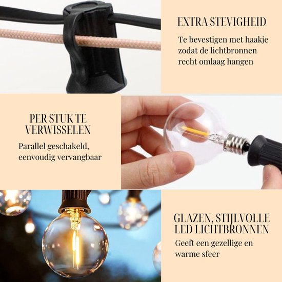 a sunny day lichtsnoer buiten - lichtslinger - 10 meter inclusief 10 LED lampen - 10 meter 2 meter aansluitsnoer - prikkabel - priklicht - 10 LED lampen - E27 fitting - verlengbaar