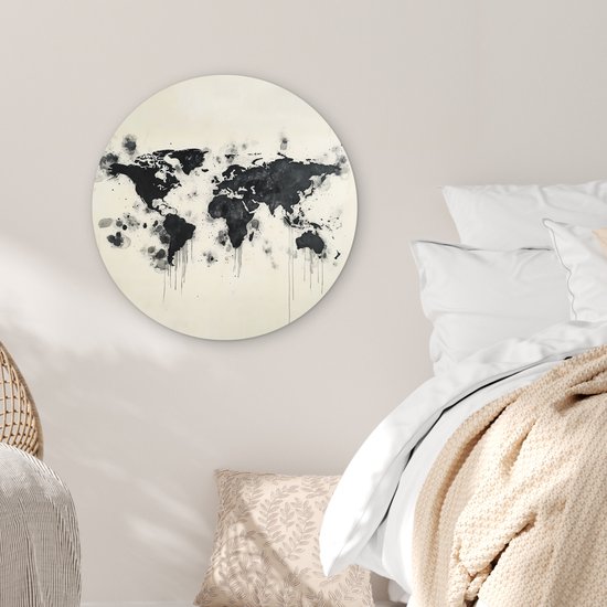 WallCircle® Wandcirkel 60x60 cm - Muurcirkel Wereldkaart - Zwart - Inkt - Muurdecoratie woonkamer - Wanddecoratie slaapkamer - Kamer decoratie accessoires - Ronde schilderijen