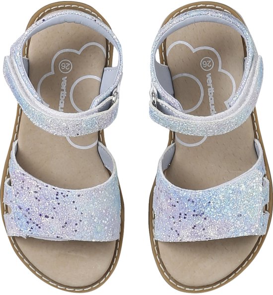 Witte sandalen met glitter, klittenbandsluiting en open teen. Merk: Vertbaudet.