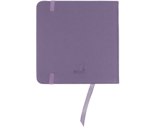 Paars schetsboek, gesloten, met een paars lint en een logo.