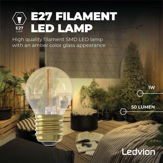 Amberkleurige G45 E27 LEDlamp met messing fitting, 1W, 50 lumen, 2100K.
