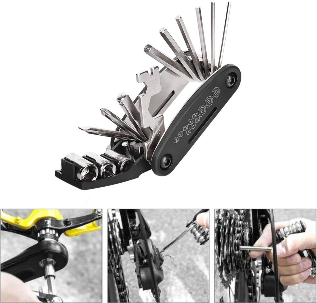 16-in-1 Fietsreparatie Gereedschap - Multifunctionele Opvouwbare Fietsreparatieset - voor Mountainbikes, Racefietsen, E-Bikes - Zwart
