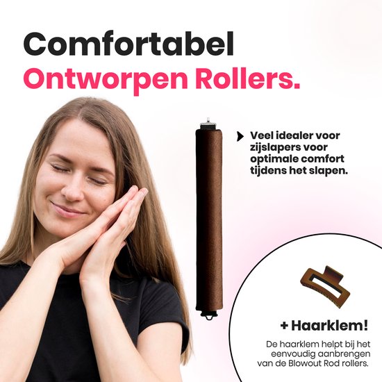 Een vrouw met gesloten ogen en haar hoofd op haar handen, naast een bruine blowout roller. Tekst: Comfortabel ontworpen rollers, ideaal voor slapen.