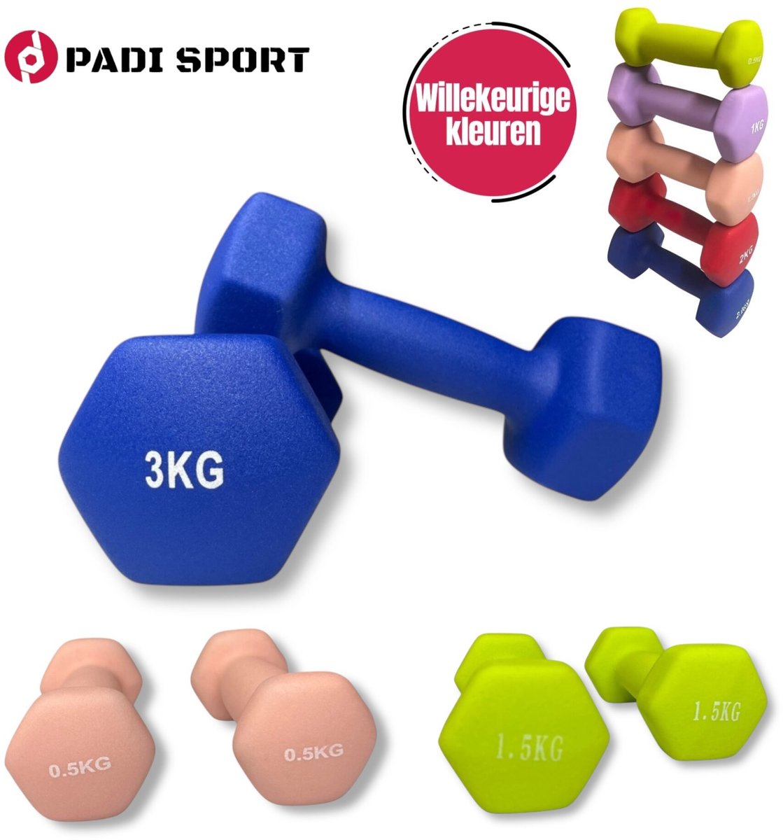 Padisport - Dumbell Neopreen Set 05 En 15 En 3 - Gewichten Set Halters - Mix - Gewichten 3 Kg - Dumbellset - Halterset - Gewichtjes Set 15 Kg - Gewichten Set 3 Kg