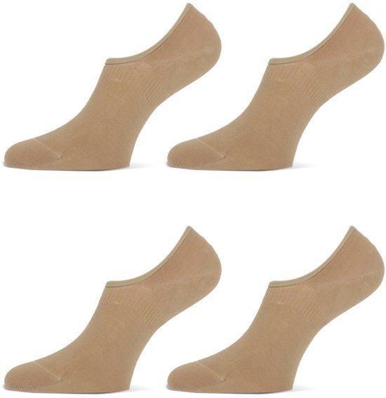 Vier beige invisible sneaker sokken van biologisch katoen met antislip.