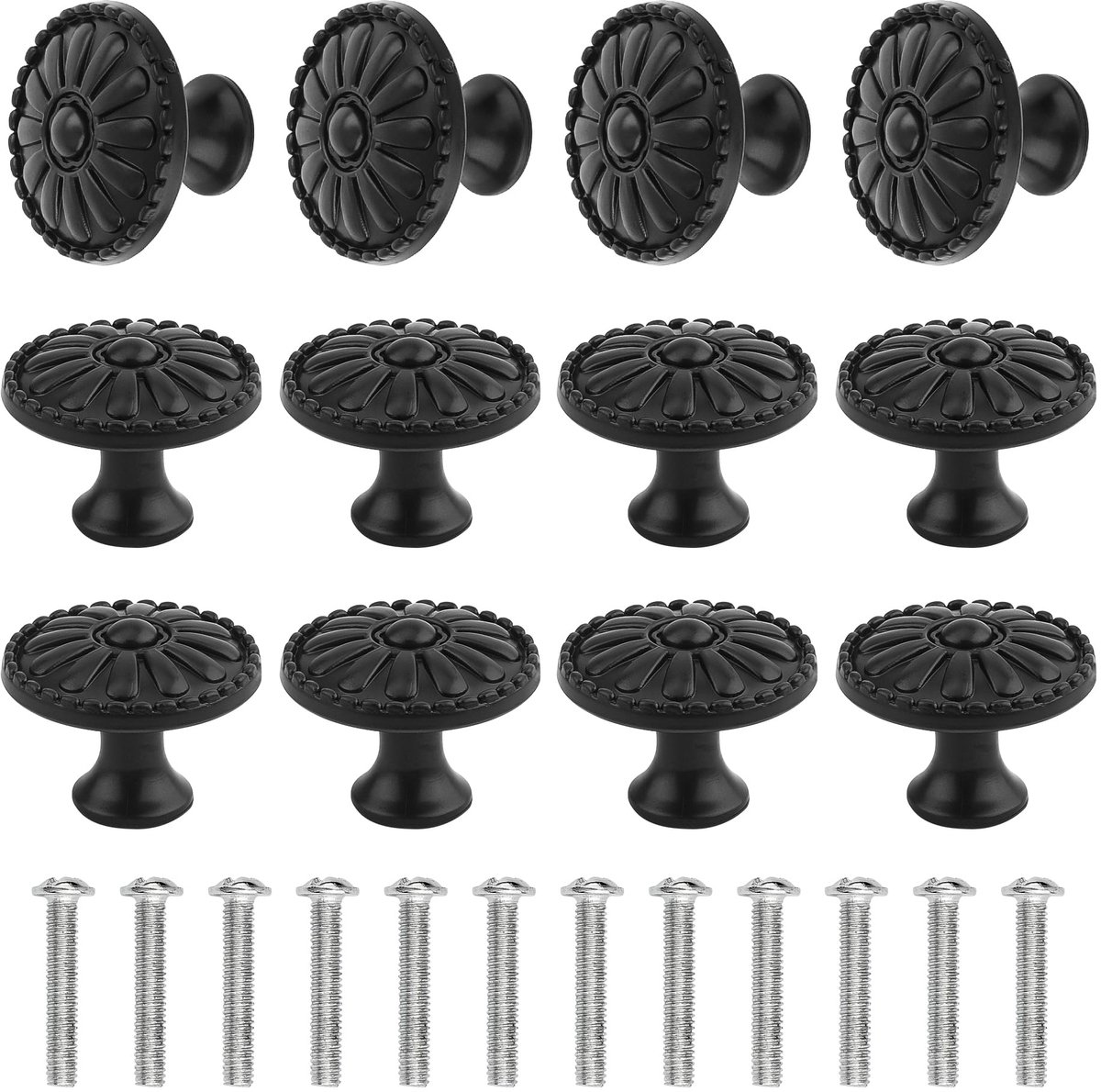 My Ninki ® Stijlvolle Zwarte Vintage Kastknoppen met Zonnebloemontwerp - Set van 12 Stuks Inclusief Schroeven