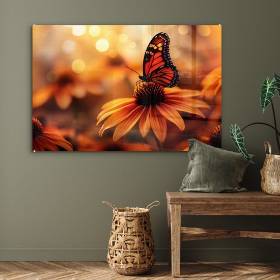 MuchoWow® Tableau sur verre 120x80 cm - Tableau sur verre acrylique - Papillon - Fleurs - Oranje - Photo sur verre - Décoration murale salon - Décoration murale chambre - Peintures