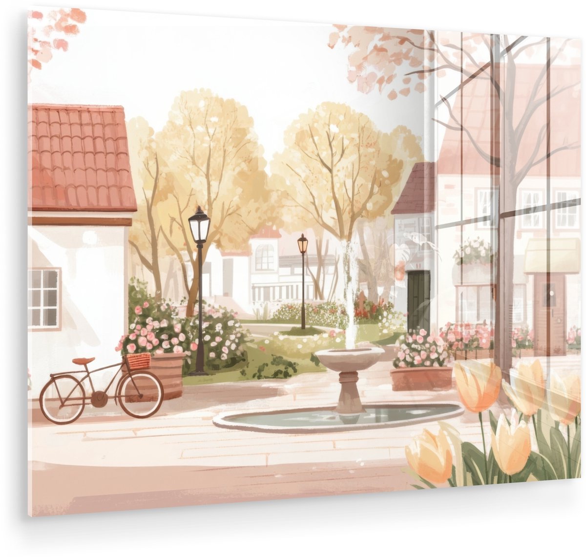 MuchoWow® Glasschilderij 40x30 cm - Schilderij acrylglas - Dorpsplein - Fontein - Tulpen -