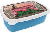 Boîte à lunch bleu - Lunchbox Vue - Tulipes - Fleurs - Moulin - Fenêtre - Boîte à lunch 18x12x6 cm