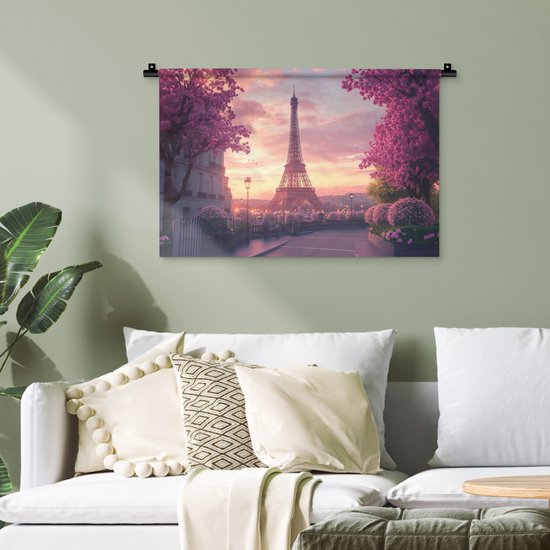 Wandkleed 60x40 cm - Wanddoek Eiffeltoren - Parijs - Roze - Wandtapijt - Wandkleden