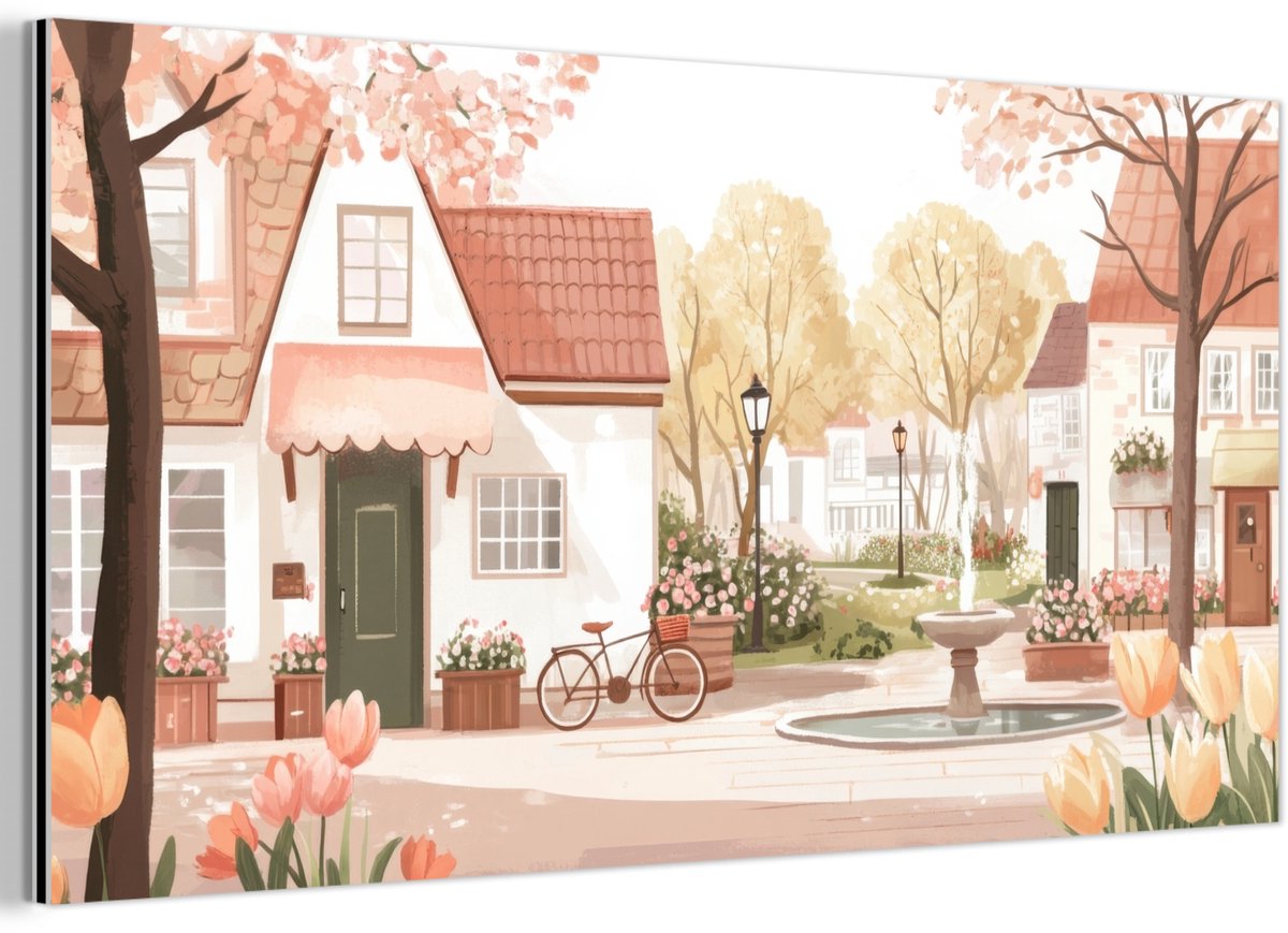 Aluminium schilderij 160x80 cm - Wanddecoratie metaal - Dorpsplein - Fontein - Tulpen - Me