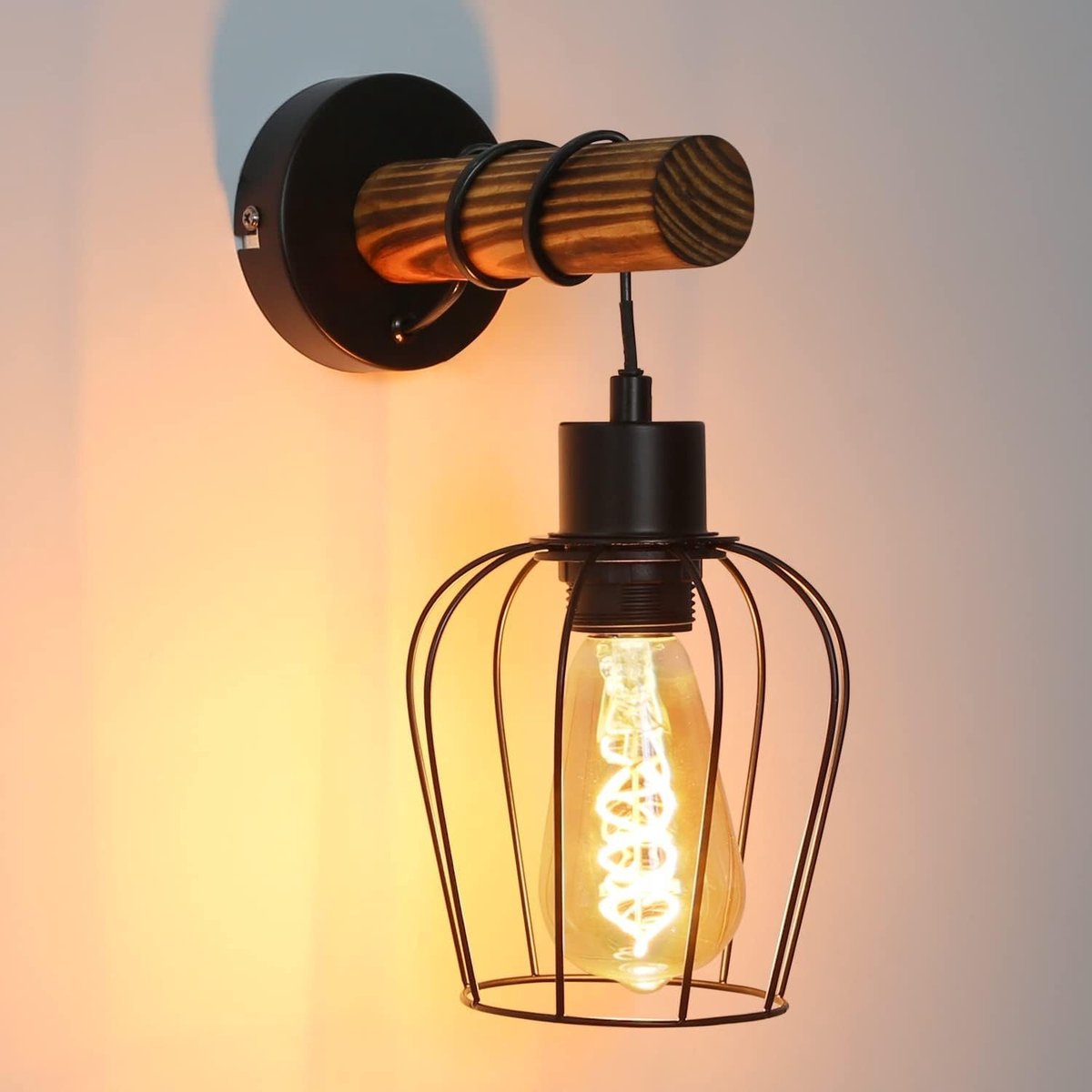 NETTLIFE Wandlamp - Hout - E27 Fitting - zwart - 13CM - Vintage Wandverlichting - met Scha
