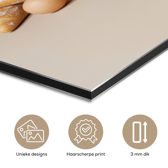 Aluminium schilderij 60x90 cm - Wanddecoratie metaal - Spaghetti - Melk - Tomaten - Eieren - Brood - Metalen muurdecoratie woonkamer - Decoratie industrieel - Foto op dibond - Industriële accessoires slaapkamer