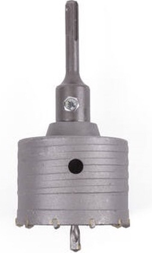 Grijze metalen gatenzaag van 80 mm met een SDS+ aansluiting, gezien vanaf de zijkant.