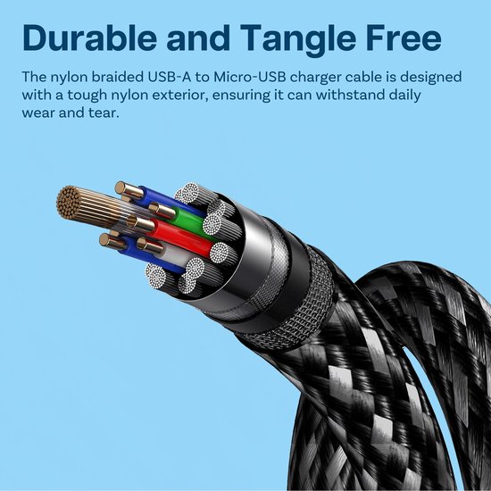 Detailopname van de binnenkant van een zwarte nylon gevlochten USB-A naar Micro-USB kabel.