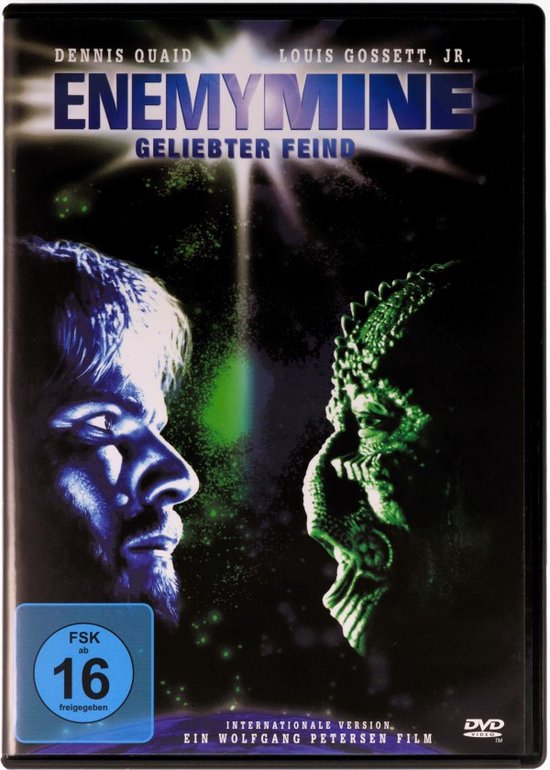 Voorkant van de Enemy Mine DVD-hoes met een man en een buitenaards wezen die elkaar aankijken. Geliebter Feind.