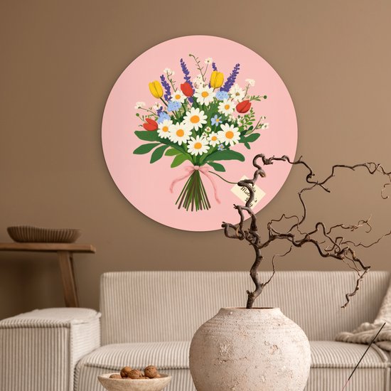 WallCircle® Wandcirkel 60x60 cm - Muurcirkel Bloemen - Lint - Kaartje - Muurdecoratie woonkamer - Wanddecoratie slaapkamer - Kamer decoratie accessoires - Ronde schilderijen