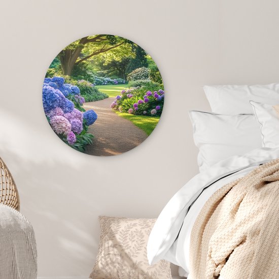 WallCircle® Wandcirkel 60x60 cm - Muurcirkel Hortensia- Park - Pad - Muurdecoratie woonkamer - Wanddecoratie slaapkamer - Kamer decoratie accessoires - Ronde schilderijen
