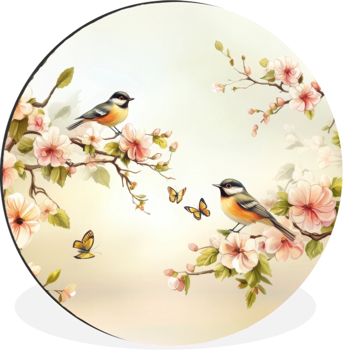 WallCircle Wandcirkel - Muurcirkel - Takken - Bloemen - Vogeltjes - Roze - Aluminium - Dibond - 120x120 cm - Binnen en Buiten