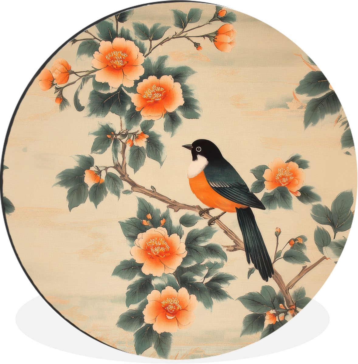 WallCircle - Wandcirkel - Muurcirkel - Vogel - Tak - Bloemen - Oranje - Aluminium - Dibond - 120x120 cm - Binnen en Buiten XXL