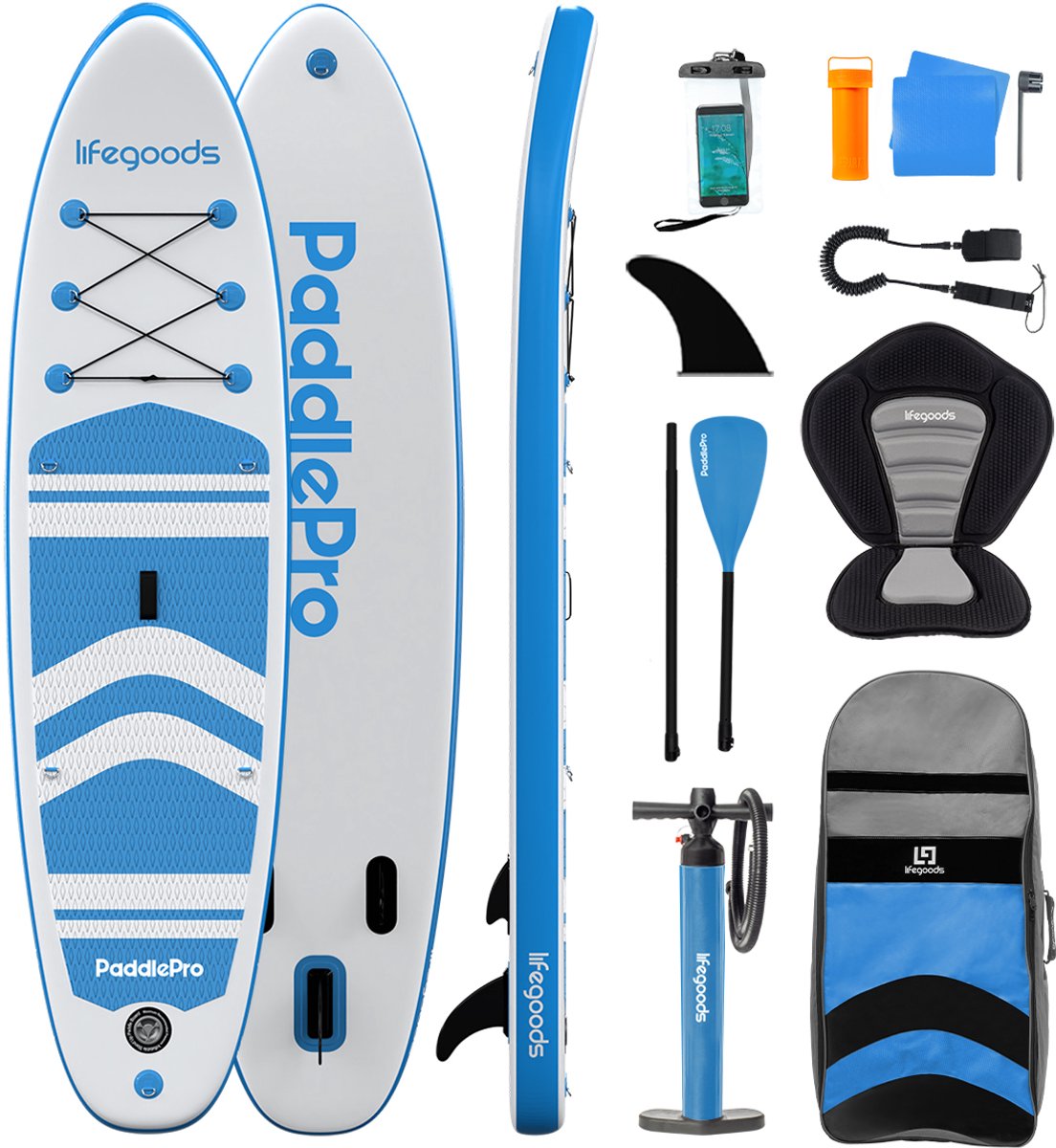 LifeGoods PaddlePro SUP Board - met Zitje - Opblaasbaar Paddle Board - Complete Set - Max. 150KG - 320x81cm - Wit/Sky Blue