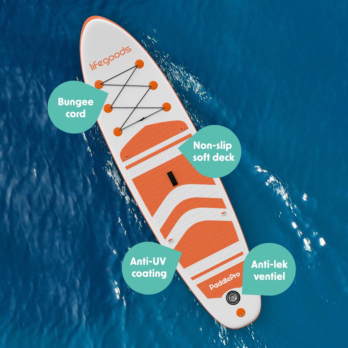 LifeGoods PaddlePro SUP Board - met Zitje - Opblaasbaar Paddle Board - Complete Set - Max. 150KG - 320x81cm - Wit/Oranje – foto 5