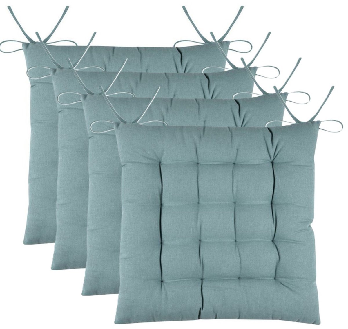 Stof Textile stoelkussens DUO - 4x - jade groen - 38 x 38 x 3.5 cm - touwtjes sluiting - zitkussens - binnen/buiten