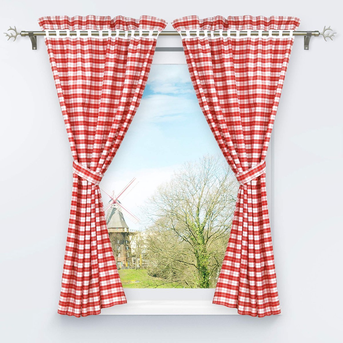 My Ninki ® Charmante Keukengordijnen Set van 4 Stuks met Embrasses en Ruitjespatroon rood