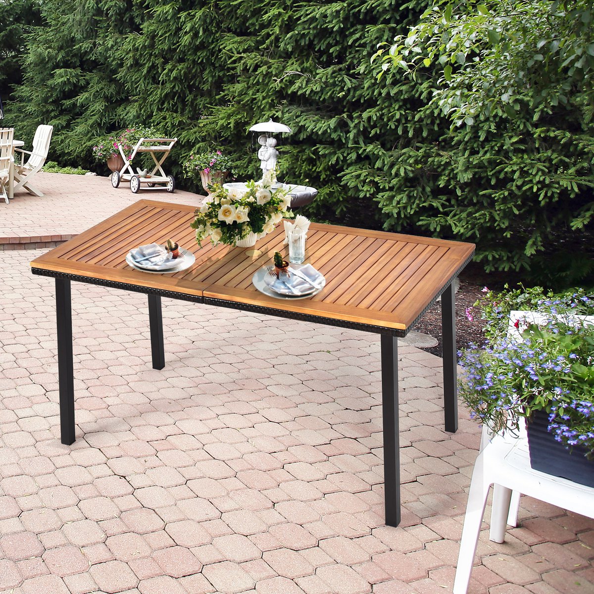 COSTWAY Tuintafel met schermgat, 140 x 75 x 76 cm, eettafel voor 6-8 personen, terrastafel met tafelblad van acaciahout, rechthoekige houten tafel met metalen frame thumbnail 5