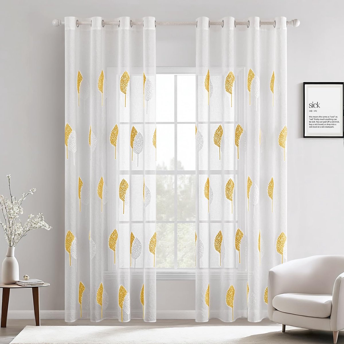 My Ninki ® Gordijnen met Geborduurd Bladmotief en Transparante Ogen voor Woonkamer en Slaapkamer, Set van 2 Stuks geel