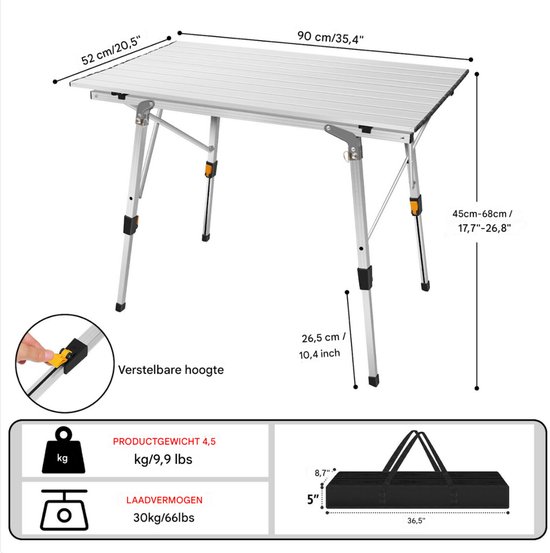 Oprolbare Kampeertafel - Aluminium Inklapbare Picknicktafel - Outdoor & Tuinmeubelen - Verstelbare Poten - 90x53x45/68 cm van Merkloos — afbeelding 5