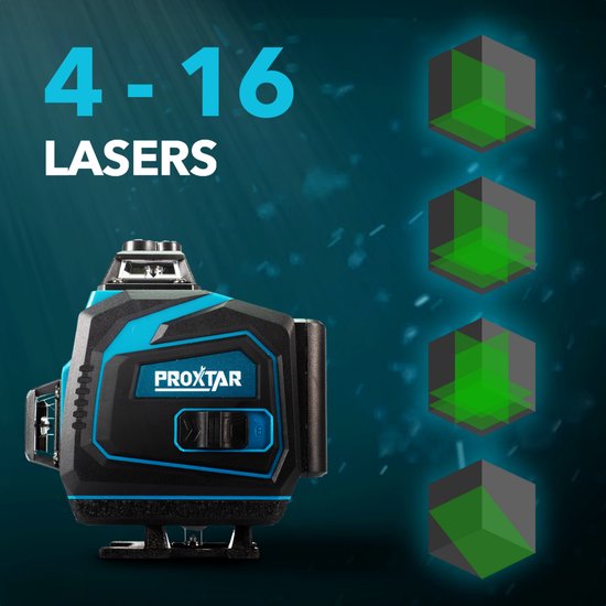 Zwart met blauwe ProXtar 4D kruislijnlaser met de tekst '4-16 LASERS'.