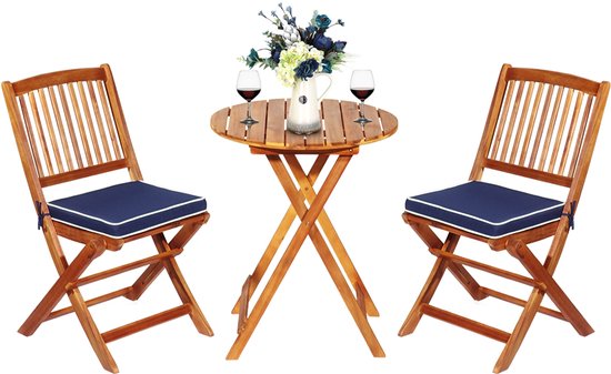 Ensemble de meubles de patio 3 pièces COSTWAY, pliable, avec table ronde et 2 chaises, ensemble de sièges ergonomiques en bois d'acacia avec 2 coussins, ensemble bistro pour balcon, jardin, terrasse, arrière-cour (bleu)